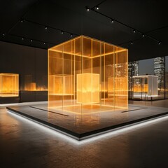 Poster - Contemporary Art Installation with Glowing Cubes in Modern Museum