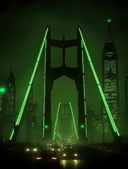Poster - Futuristic Bridge Over Cityscape with Neon Green Lights at Night