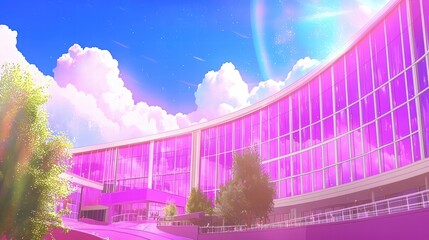 Poster - Modern Futuristic Building with Colorful Glass and Scenic Sky