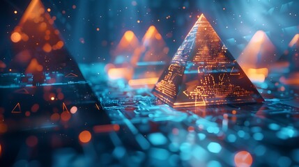 Poster - Abstract glowing pyramids with data symbols etched into their surfaces, hovering in a virtual blue expanse. futuristic technology background cyber tech wallpaper