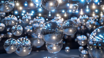 Poster - Abstract metallic spheres floating in a void, each displaying projected holograms of data and cyber network visuals. futuristic technology background cyber tech wallpaper