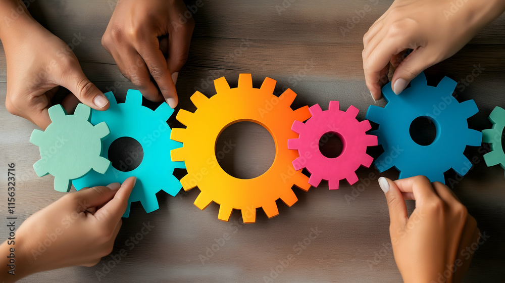 Hands assembling colorful gears on a wooden surface, symbolizing ...