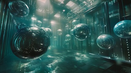 Poster - Abstract metallic spheres floating in a void, each displaying projected holograms of data and cyber network visuals. futuristic technology background cyber tech wallpaper