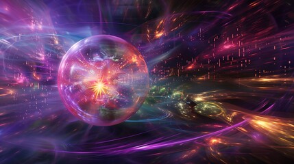 Fototapete - Abstract sphere of rotating light beams, with holographic codes floating around in a deep cyber-space setting. futuristic technology background cyber tech wallpaper