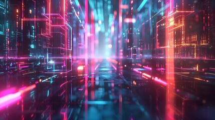 Fototapete - Digital fractals radiating in iridescent colors, with subtle holographic overlays creating a high-tech ambiance. futuristic technology background cyber tech wallpaper