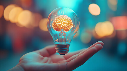 Poster - A glowing light bulb with a brain inside, held in a hand, symbolizes creativity, innovation, and the fusion of ideas and intellect.