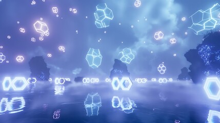 Poster - Holographic hexagons floating in a digital blue fog, with glowing nodes connected by shimmering energy pathways. futuristic technology background cyber tech wallpaper
