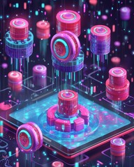 Poster - Abstract Digital Landscape with Colorful 3D Cylinders and Lights