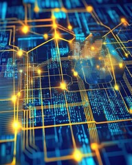 Fototapete - Futuristic Digital City Concept with Network Circuitry Background