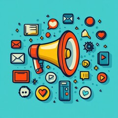 Poster - Megaphone surrounded by social media icons on teal backdrop.