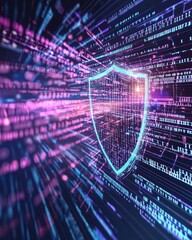 Fototapete - Digital Shield Symbol in Cybersecurity Data Stream Background