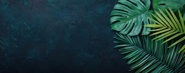 Poster - Greenery palms idea. Vibrant green tropical leaves on a dark textured background for natural aesthetics.
