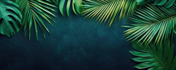 Poster - Greenery palms idea. A vibrant display of tropical leaves set against a dark textured backdrop.
