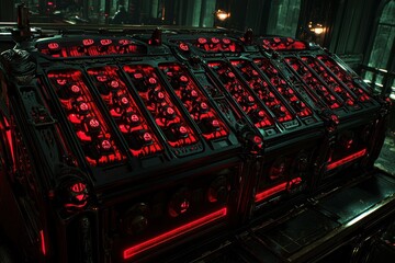 Poster - Futuristic Control Panel with Red Lights and Complex Technology