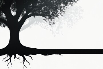 Wall Mural - A minimalist silhouette of a tree with intricate branches and roots, surrounded by faint abstract shapes symbolizing growth and strength, rendered with crisp and smooth lines. 