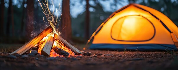 Wall Mural - campfire camp concept. a cozy camping scene with a vibrant tent beside a crackling campfire at dusk.