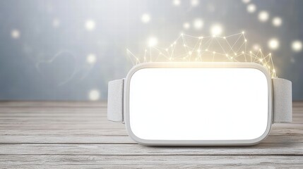 Poster - Virtual reality headset on wooden table with glowing background