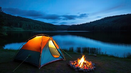 Wall Mural - campfire camp concept. a cozy camping scene by a lake with a glowing tent and a warm campfire at dus