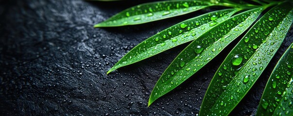Poster - Greenery palms idea. Close-up of vibrant green leaves with water droplets on a dark surface.