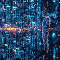 Poster - Digital Human Silhouette Against Abstract Data Visualization Background