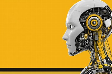 Poster - Futuristic Robot Head with Yellow Background and Detailed Machinery