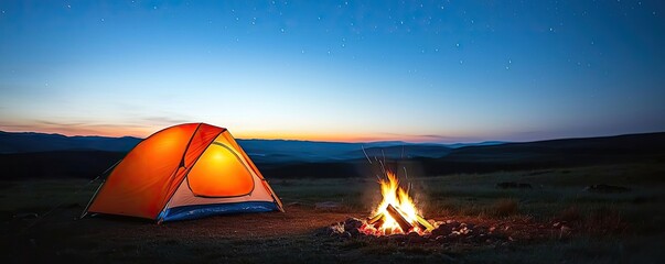 campfire camp concept. a cozy orange tent beside a warm campfire under a starry night sky.