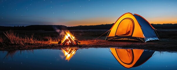 Wall Mural - campfire camp concept. scenic campsite with a reflective pond and a glowing campfire under a starry 