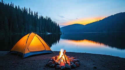 Wall Mural - campfire camp concept. serene camping scene by the lake at sunset with a glowing tent and campfire.