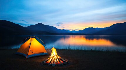 Wall Mural - campfire camp concept. a serene camping scene by a lake at sunset with a glowing tent and crackling 
