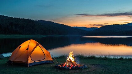Wall Mural - campfire camp concept. serene camping scene with a tent and campfire by a tranquil lake at sunset.