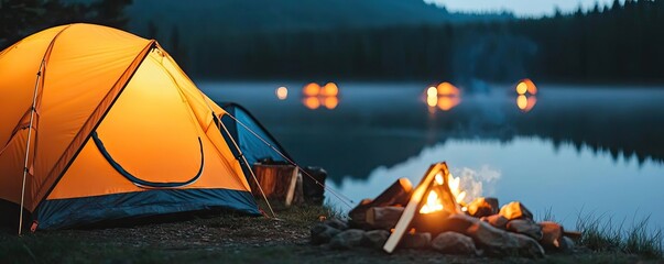 Wall Mural - campfire camp concept. cozy camping scene with an orange tent by a tranquil lake at dusk.