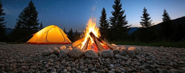 Wall Mural - campfire camp concept. a serene camping scene with a glowing campfire and a tent surrounded by natur