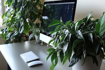 Aufkleber - Stylish Home Office with Green Plants and Modern Computer Setup