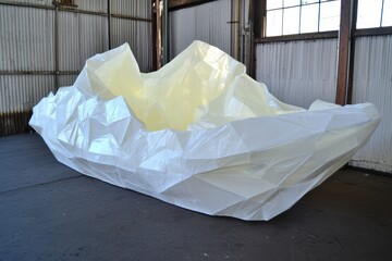 Poster - Large Geometric White Sculpture in Industrial Space with Sharp Angles