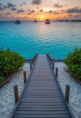  Wooden walkway leads to tranquil sunset ocean view