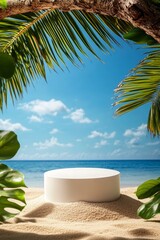 Canvas Print - Tropical Beach Scene with Empty Display Platform