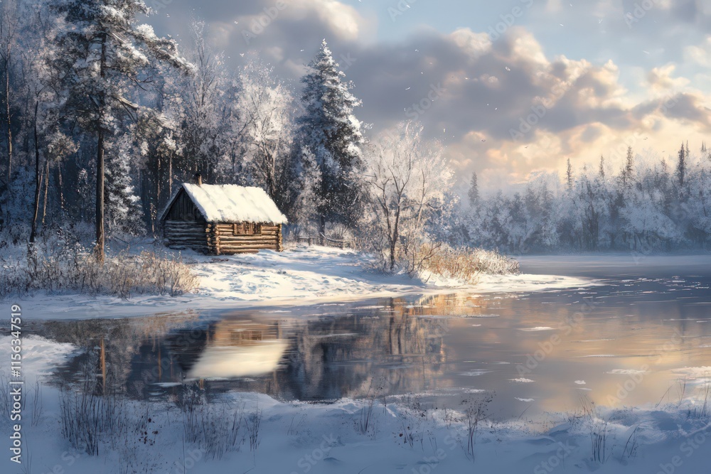 A peaceful winter morning with a small wooden cabin on the edge of a ...