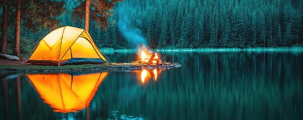Wall Mural - campfire camp concept. a vibrant camping scene with a yellow tent beside a tranquil lake and a warm 
