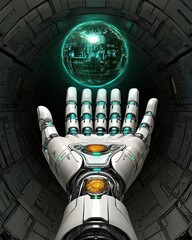 Aufkleber - Futuristic Robotic Hand Reaching for a Glowing Digital Sphere