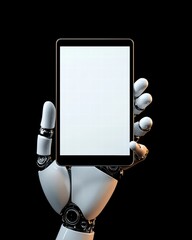 Poster - Robotic Hand Holding a Blank Tablet Screen on Black Background