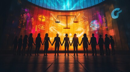 Poster - Women united facing futuristic justice screen.