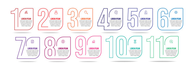 Aufkleber - infographic business design for your presentation with 11 sections containing icons, numbers, directions and colors