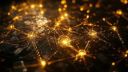 Aufkleber - Golden network connections glowing on dark surface.