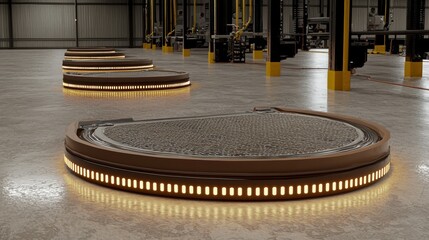 Poster - Industrial Rotating Platforms with Illuminated Edges in Warehouse