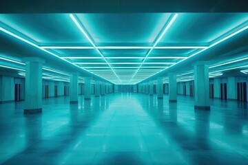 Poster - Futuristic Abandoned Space with Glowing Blue Lights and Columns
