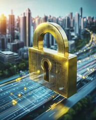 Poster - Digital Security Concept with Golden Lock over Urban Landscape