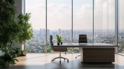 Wall Mural - Elegant Office Space with Panoramic City View and Lush Greenery