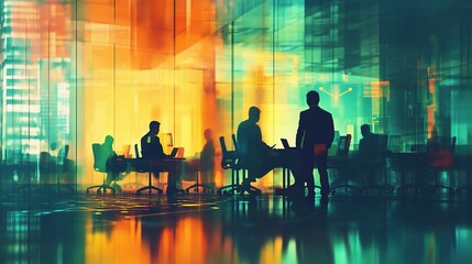 Wall Mural - Business Silhouettes Against Colorful Abstract Office Background