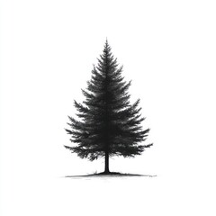 Isolated detailed grayscale pine tree illustration on white background.