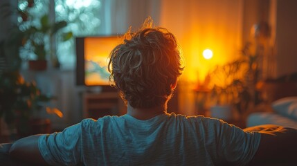 Canvas Print - Man Watching TV Video On Sofa Or Couch 